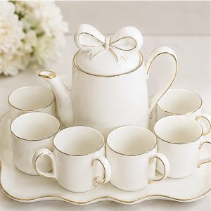 Luxury White & Gold Bow 6-Cup Tea Set