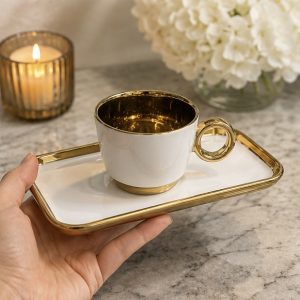 White & Gold Cup & Tray Set 12pc