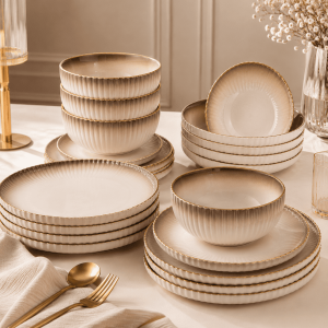 Ribbed Gold-Rim 32 -Piece Dinner Set