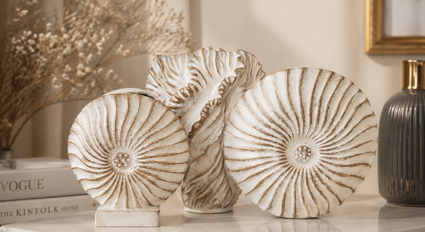 Antique Ivory Shell Decorative Set – 3 Pieces