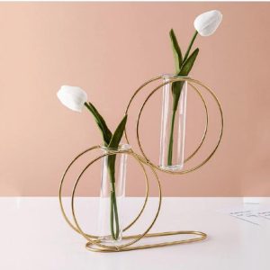 Golden Iron Vase with Glass Test Tube for Home Decor
