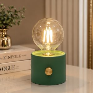 Modern Green Table Lamp with Glass Globe & Gold Knob